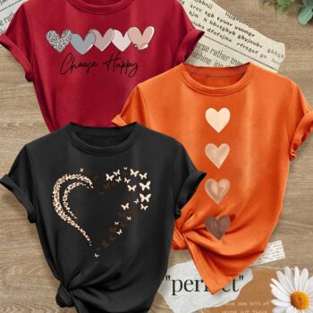 Leopard Print Small Butterfly Love Hearts in Pairs with English Letter Pattern Printed Fashion Retro Style Women's Spring, Autumn and Winter Casual Sports Top Round Neck Short Sleeve T-shirt 3pcs Combination Pack Family Pack Multi-Piece Pack Multiple Colors Available S-XXL - Image 3