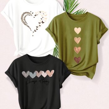 Leopard Print Small Butterfly Love Hearts in Pairs with English Letter Pattern Printed Fashion Retro Style Women's Spring, Autumn and Winter Casual Sports Top Round Neck Short Sleeve T-shirt 3pcs Combination Pack Family Pack Multi-Piece Pack Multiple Colors Available S-XXL - Image 4