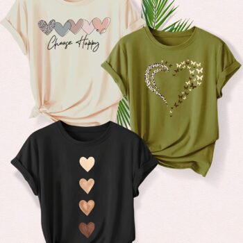 Leopard Print Small Butterfly Love Hearts in Pairs with English Letter Pattern Printed Fashion Retro Style Women's Spring, Autumn and Winter Casual Sports Top Round Neck Short Sleeve T-shirt 3pcs Combination Pack Family Pack Multi-Piece Pack Multiple Colors Available S-XXL - Image 7