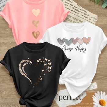 Leopard Print Small Butterfly Love Hearts in Pairs with English Letter Pattern Printed Fashion Retro Style Women's Spring, Autumn and Winter Casual Sports Top Round Neck Short Sleeve T-shirt 3pcs Combination Pack Family Pack Multi-Piece Pack Multiple Colors Available S-XXL - Image 5