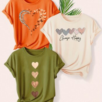 Leopard Print Small Butterfly Love Hearts in Pairs with English Letter Pattern Printed Fashion Retro Style Women's Spring, Autumn and Winter Casual Sports Top Round Neck Short Sleeve T-shirt 3pcs Combination Pack Family Pack Multi-Piece Pack Multiple Colors Available S-XXL - Image 6