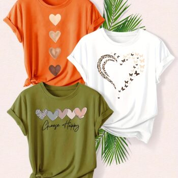 Leopard Print Small Butterfly Love Hearts in Pairs with English Letter Pattern Printed Fashion Retro Style Women's Spring, Autumn and Winter Casual Sports Top Round Neck Short Sleeve T-shirt 3pcs Combination Pack Family Pack Multi-Piece Pack Multiple Colors Available S-XXL - Image 11