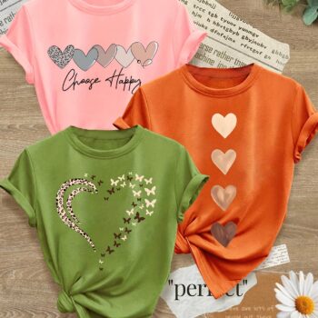 Leopard Print Small Butterfly Love Hearts in Pairs with English Letter Pattern Printed Fashion Retro Style Women's Spring, Autumn and Winter Casual Sports Top Round Neck Short Sleeve T-shirt 3pcs Combination Pack Family Pack Multi-Piece Pack Multiple Colors Available S-XXL - Image 9