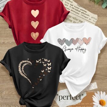 Leopard Print Small Butterfly Love Hearts in Pairs with English Letter Pattern Printed Fashion Retro Style Women's Spring, Autumn and Winter Casual Sports Top Round Neck Short Sleeve T-shirt 3pcs Combination Pack Family Pack Multi-Piece Pack Multiple Colors Available S-XXL - Image 10