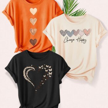 Leopard Print Small Butterfly Love Hearts in Pairs with English Letter Pattern Printed Fashion Retro Style Women's Spring, Autumn and Winter Casual Sports Top Round Neck Short Sleeve T-shirt 3pcs Combination Pack Family Pack Multi-Piece Pack Multiple Colors Available S-XXL - Image 8